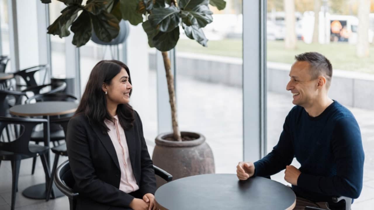 Two colleagues seated at a small table in a bright office lounge, engaged in conversation.