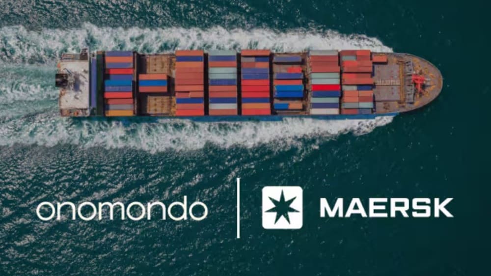 Aerial view of a container ship loaded with multicoloured containers sailing through open water, with Onomondo and Maersk logos overlaid.