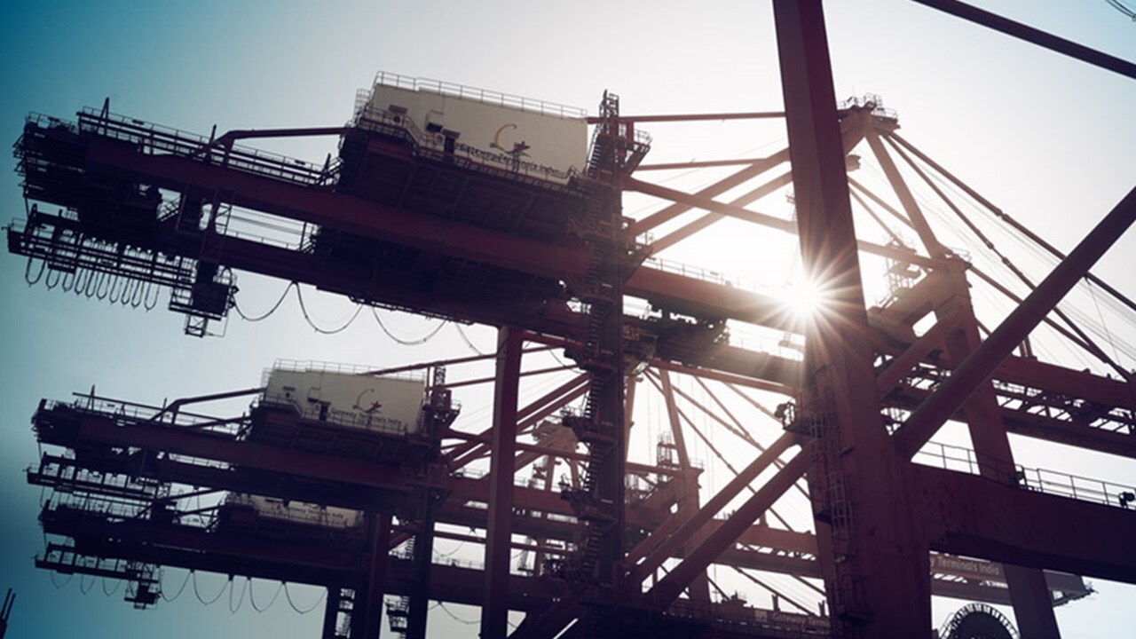 Two red quay cranes