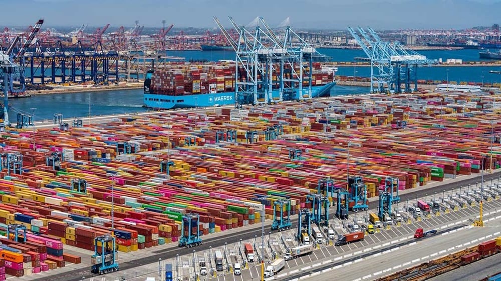 Aletta Maersk arriving at Port of Los Angeles, LA, California, United States.