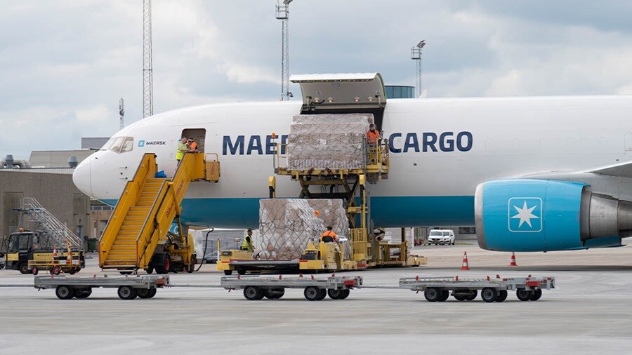 Maersk Air Cargo Boeing 767F loading cargo at the air freight hub in Billund.